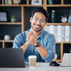 Image showing Asian man, portrait smile and financial advisor in small business or networking at office desk. Portrait of creative male analyst in finance, management or economics smiling for startup at workplace