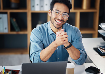 Image showing Asian man, portrait smile and small business finance or networking at office desk. Portrait of happy male analyst, financial advisor or accountant smiling in management for startup at workplace