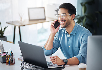 Image showing Phone call, founder and business man laughing and happy on mobile conversation as communication in company office. Laptop, cellphone and excited startup entrepreneur in discussion and networking