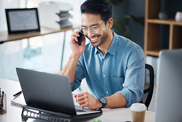 Image showing Phone call, laptop and happy businessman planning company growth strategy on mobile conversation as communication. Smile, cellphone and man startup entrepreneur in discussion and networking