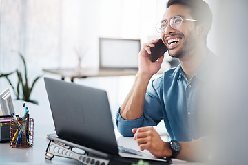 Image showing Phone call, laughing and happy businessman networking in company office on mobile conversation as communication. Laptop, cellphone and excited man startup founder in discussion and planning