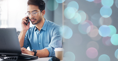 Image showing Office bokeh, phone and man on laptop in business communication, networking and online feedback or news. Creative design of asian person working on computer, cellphone or mobile planning on mockup