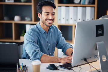 Image showing Computer, typing and business man in office working online for information technology, internet or global digital company. Happy Asian person or worker on desktop pc for professional market research