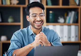 Image showing Happy asian man, laptop and smile on video call for communication with earphones at the office desk. Male employee smiling for webinar, virtual meeting or networking on computer at the workplace