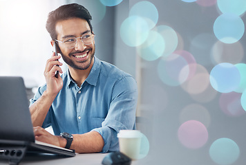 Image showing Phone call, laptop and man thinking in business communication, networking and online feedback or news. Creative design, bokeh overlay and asian person talking on cellphone, computer and planning job