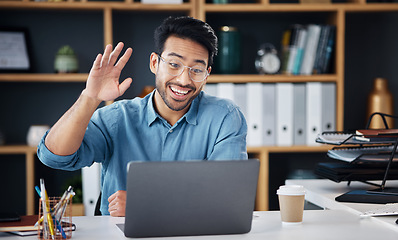 Image showing Happy asian man, laptop and smile for video call, social media or communication at office desk. Male creative designer smiling and waving for webinar, meeting or networking on computer at workplace