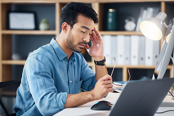 Image showing Burnout, headache and tired man on computer with career stress, anxiety or mental health risk in office. Sad business man with depression, migraine and trouble for online job mistake, fail or fatigue