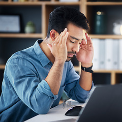 Image showing Migraine, headache and tired man with career stress, depressed or mental health risk in office managment. Pain of business person with depression, burnout or anxiety in job mistake, fail or fatigue