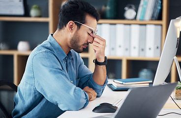 Image showing Stress, headache and tired man on computer with career burnout, anxiety or mental health risk in office. Sad business man with depression, migraine and anxiety for online job mistake, fail or fatigue