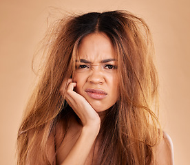 Image showing Face portrait, hair loss and sad woman in studio isolated on a brown background. Salon, keratin damage and angry female model with haircare problem, messy hairstyle or split ends after treatment fail