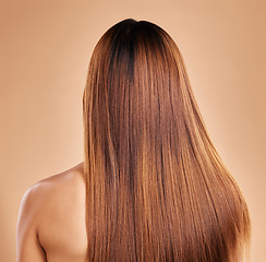 Image showing Haircare, beauty and back of woman with straight hair in studio isolated on brown background. Balayage, wellness and female model with salon treatment for growth, keratin texture or healthy hairstyle