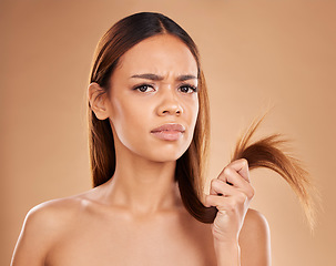 Image showing Hair care, frustrated and portrait of a woman with split ends isolated on a studio background. Unhappy, frizzy and a girl with a problem with damaged, tangled and breakage of a hairstyle on backdrop