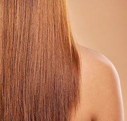 Image showing Haircare, back and beauty of woman with straight hair, keratin or healthy hairstyle. Balayage, wellness and female model with salon treatment for growth, texture and brunette extension, wig or dye.