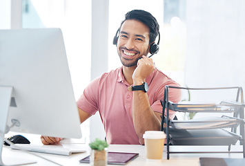 Image showing Happy asian man, call center and headphones by computer for consulting, customer service or support at office desk. Portrait of friendly male consultant with headset mic by PC in telemarketing advice