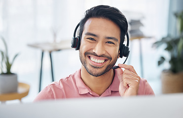 Image showing Happy asian man, call center and portrait smile on computer for consulting, customer service or support at office. Friendly male consultant with headphones by PC for telemarketing or online advice