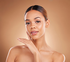 Image showing Skincare portrait, natural beauty and woman with soft skin from facial and dermatology. Self care, isolated and studio background with young model feeling face texture after spa and cosmetic wellness