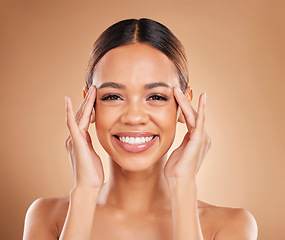 Image showing Skincare portrait, natural beauty and woman with skin glow from facial and dermatology. Self care, isolated and studio background with a model feeling face texture after spa and cosmetics treatment