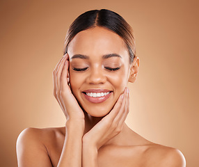 Image showing Skincare, natural beauty smile and relax woman with soft skin from facial and dermatology. Self care, isolated and studio background with a young model feeling face after spa and cosmetics treatment
