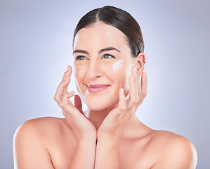 Image showing Happy beauty, face and woman with cream product for luxury makeup, facial cosmetics or female acne protection. Studio dermatology, collagen hydration and skincare person isolated on grey background