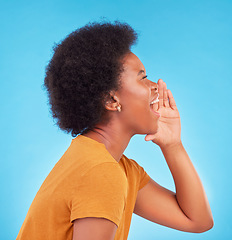 Image showing Shout, news and profile of black woman on blue background for announcement, message and alert. Communication, information and girl screaming with hand gesture for opinion, voice and loud in studio