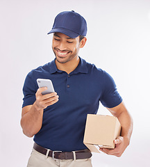 Image showing Delivery man, package and smile with phone and box, ecommerce and shipping isolated on white background. Communication, fintech and digital invoice, happy male in studio with logistics and service