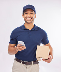 Image showing Delivery man, package and portrait, smile with smartphone and box, ecommerce and shipping isolated on white background. Communication, technology and logistics, male in studio with commercial service