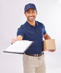 Image showing Delivery man, package in portrait and smile, clipboard for signature and box, shipping isolated on white background. Paper invoice, customer to sign and happy male in studio, logistics and service