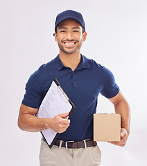 Image showing Delivery man, package and portrait, happy and clipboard for signature, shipping box isolated on white background. Paper invoice, customer to sign and male smile in studio, supply chain and logistics