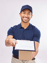 Image showing Delivery man, box in portrait and happy, clipboard for signature and package, shipping isolated on white background. Paper invoice, customer to sign and male smile in studio with commercial service