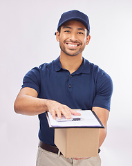 Image showing Delivery man, box in portrait and smile, clipboard for signature and package, shipping isolated on white background. Paper invoice, customer to sign and happy male in studio with commercial service