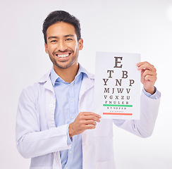 Image showing Man, eye exam and smile, portrait of doctor at vision clinic, reading assessment and eyesight care in India. Healthcare, wellness and happy optometrist with medical test for eyes, health and sight.