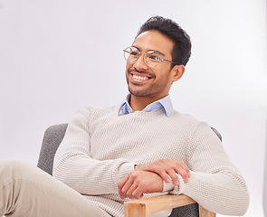 Image showing Psychologist thinking, mental health and man with smile in therapy and listen with treatment on studio background. Therapist, counseling and happy male with medical consultation, help and psychology