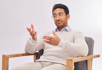 Image showing Psychologist, doctor and mental health, man in counselling session and listening with treatment on studio background. Counsellor, therapy and male with medical consultation, help and psychology