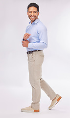 Image showing Thinking, smile and business man in studio standing isolated on a white background mockup. Ceo, boss and happy, smart and confident Asian male entrepreneur with idea for career, job or profession.