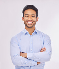 Image showing Portrait, smile and business man with arms crossed in studio isolated on a white background. Ceo, professional boss and happy, confident or proud Asian male entrepreneur from Singapore with job pride