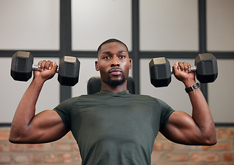 Image showing Black man, weights training focus and gym fitness of athlete doing power lifting for exercise. Sport workout, bodybuilding and African American male with strong arms, wellness and bodybuilder cardio