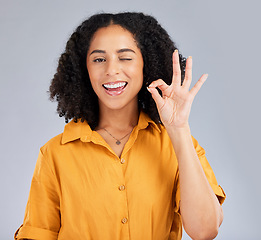 Image showing Perfect, happy and portrait of a winking woman isolated on a white background in a studio. Smile, review and girl with a hand gesture for satisfaction, happiness and okay emoji icon on a backdrop