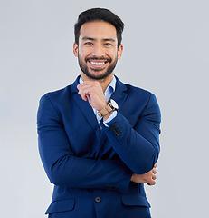 Image showing Business man, smile and style portrait in studio for corporate or CEO fashion while happy. Face of asian entrepreneur person on isolated white background with pride for luxury, success and wealth