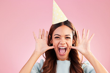 Image showing Birthday face portrait, scream and woman excited for happy celebration event, surprise wow or celebrate on pink background. Happiness, party hat and studio female, person or model with crazy energy