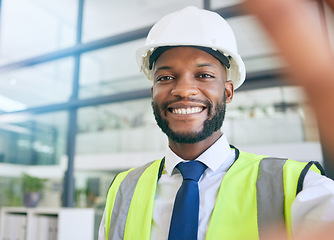 Image showing Black man, construction or engineer selfie with a smile working in office for project management. Face of a male person working in building or engineering industry with pride for career and vision