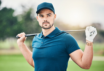 Image showing Golf, sports and man with golfing club on course for game, practice and training for competition. Professional golfer, serious face and male athlete with focus for exercise, activity and recreation