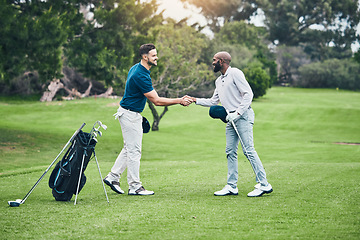 Image showing Men, golf course grass and handshake for friends at game, sport and international competition on field. Professional golfer, start and shaking hands for fitness at contest, club and sports in summer