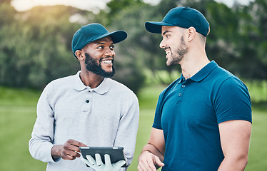 Image showing Tablet, gold and friends planning course or game on a weekend outdoors using the internet, web or an app. Team, diverse and happy sporty male people golfing and networking as sport fitness