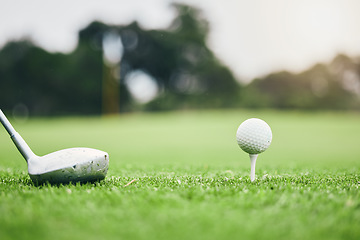 Image showing Sports, golf ball and tee on course with club for competition match, tournament and training. Target, challenge and games with equipment on grass field for leisure, recreation hobby and practice