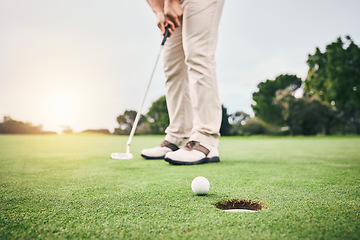 Image showing Golf stroke, sport putt and golfer hands in game, fitness and exercise on grass with a swing. Athlete, lens flare and man at sports club for training and workout on green course with focus and action