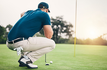 Image showing Thinking, sports and golf with man on field for training, competition match and planning. Games, challenge and tournament with athlete playing on course for exercise, precision and confidence