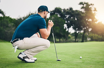 Image showing Fitness, sports and golf with man on field for training, competition match and thinking. Games, challenge and tournament with athlete playing on course for exercise, precision and confidence