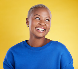 Image showing Thinking, smile and a black woman on a yellow background in a studio feeling nostalgic. Face, idea and happy with an attractive young female looking for inspiration while contemplating a thought