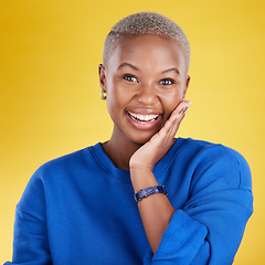 Image showing Black woman, studio portrait and student for smile, happiness or beauty by yellow background. Happy girl, model and fashion with excited face, cosmetics or gen z aesthetic with confidence by backdrop