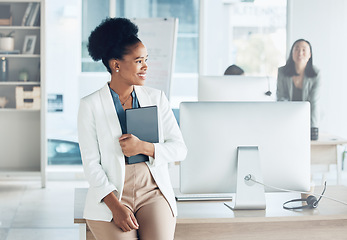 Image showing Business, success and black woman thinking, opportunity and ideas with happiness, cheerful and growth. African American female employee, leader and consultant with management skills and development